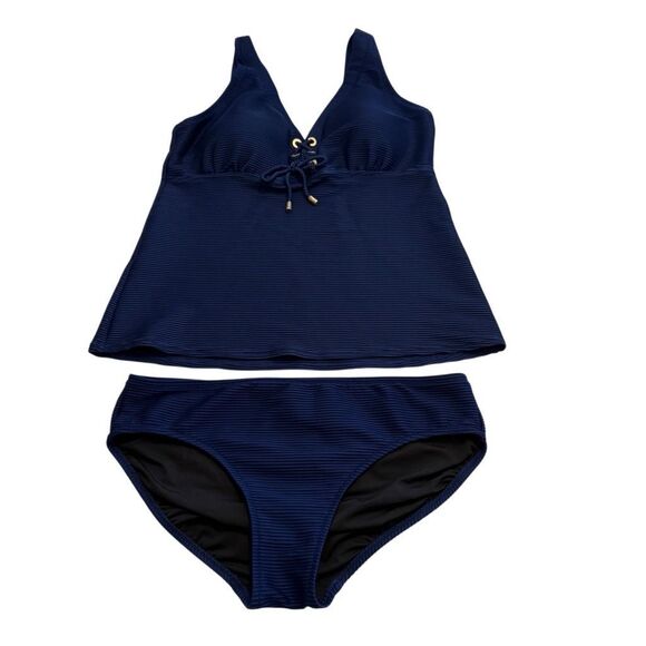 Lands End Navy Blue Nautical Two Piece Tankini Swimsuit Sz 12 Vacation, Beach - Picture 1 of 14